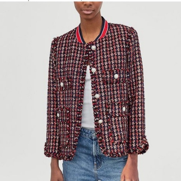 Zara Woman Tweed Pearl Button Jacket with Red and Blue Accents‎ - Picture 5 of 15
